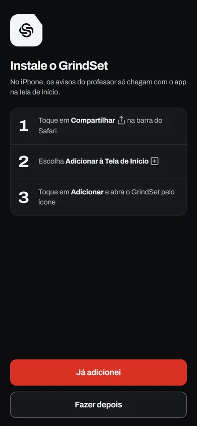 Tela Instale o GrindSet no iPhone, com os três passos e os botões Já adicionei e Fazer depois.